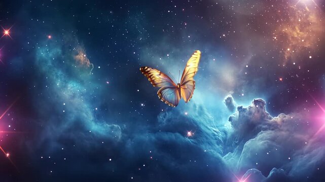magical colorful butterfly on night sky with stars and nebulas background, creative fantasy design background 4k