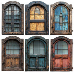 Fototapeta premium Set of old wooden windows isolated on transparent background.
