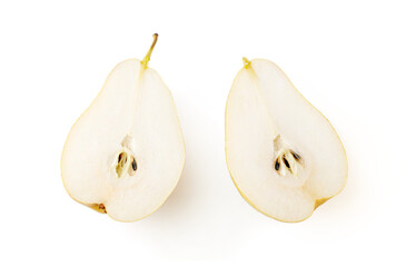 Sliced pear isolated. Half of pear on white. Top view.