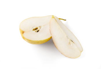 Sliced pear isolated. Half of pear on white. Top view.