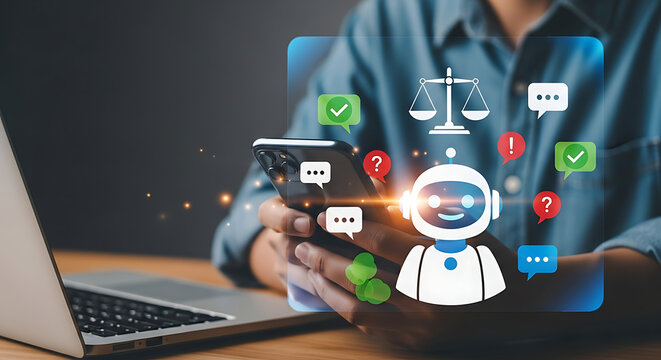Man using smartphone with chatbot assistant for legal advice service