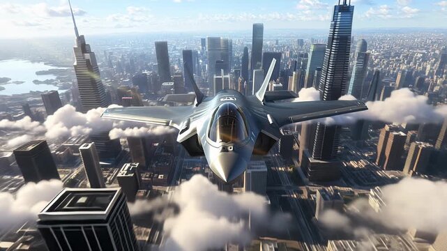 modern advanced f-35 fighter jet flying over big city skyline, stealth combat f-22 plane performing flight over downtown 4k