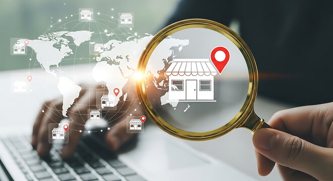 Hand holding magnifying glass over house icon with location pin on world map