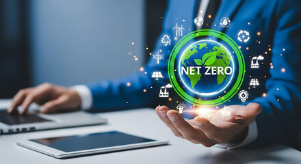 Businessman presenting net zero emission target with green earth hologram