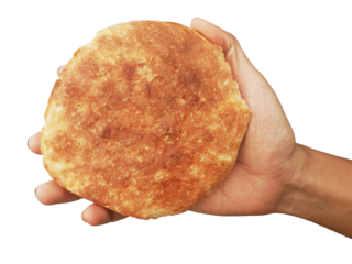 Holding a loaf of bread, isolated on a PNG background.