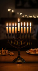 Warm chanukah celebration with glowing menorah and festive decorations lit at night