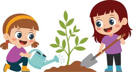 Cartoon children gardening, teamwork in nature, watering plant, digging soil, environmental care, happy kids, outdoor activity, spring garden, eco education