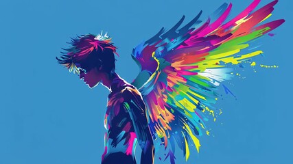 angel man with colorful rainbow sign wings, lgbt pride self-expression and human rights concept, bold colors symbolize freedom and individuality, diversity and empowerment of LGBTQ community 4k - Powered by Adobe