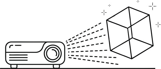 Minimal line art illustration of 3D projection with projector and holographic cube on white background