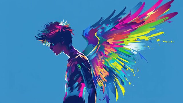 angel man with colorful rainbow sign wings, lgbt pride self-expression and human rights concept, bold colors symbolize freedom and individuality, diversity and empowerment of LGBTQ community 4k