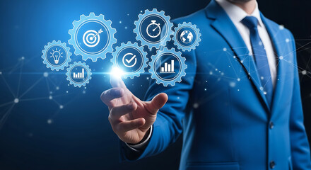 Businessman touching business process workflow automation concept on virtual screen