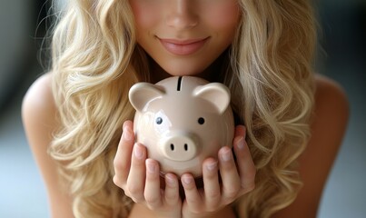Young woman holding a piggy bank, representing savings, budgeting, and money management. This image emphasizes financial literacy, personal finance goals, and the importance, Generative AI