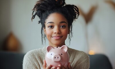 Young woman holding a piggy bank, representing savings, budgeting, and money management. This image emphasizes financial literacy, personal finance goals, and the importance, Generative AI