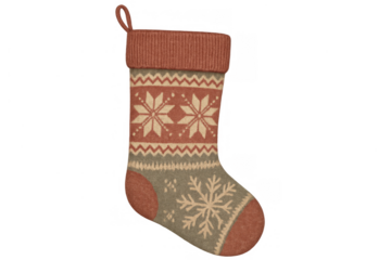 Knitted christmas stocking featuring a traditional snowflake pattern and rustic colors, creating a cozy atmosphere for holiday decoration