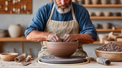 Mature caucasian male potter crafting clay bowl on spinning wheel in artisan workshop