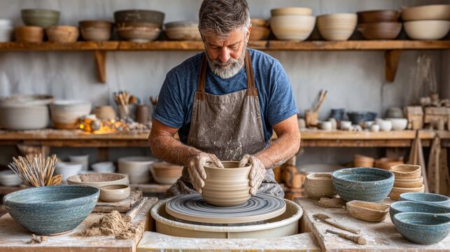 Mature caucasian male artisan shaping pottery on wheel in ceramic studio workshop - Powered by Adobe