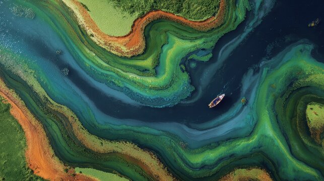Boat on a river with stunning patterns of colorful algae from above.