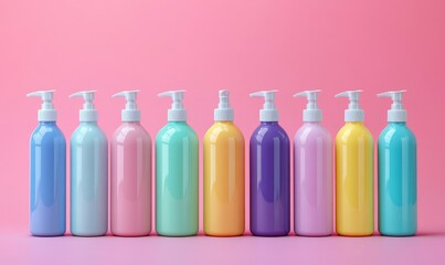 Plastic hand-wash or shampoo bottles with blank, empty colorful packaging for branding. The clean, simple design offers ample space for product labels or brand logos, ideal, Generative AI