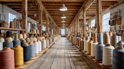 Vintage textile mill interior with yarn spools in rustic wooden shelving