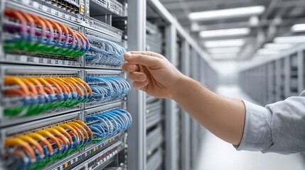 Technician managing network cables in data center server room