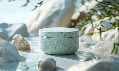 Modern skin moisturizer jar with a rock texture, emphasizing eco-friendly or recycled products. This clean design promotes sustainable skincare solutions, ideal for beauty and wellness, Generative AI
