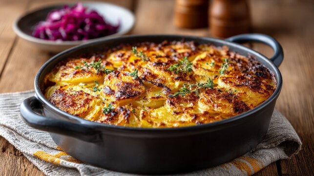Golden potato gratin in pan with fresh herbs and red cabbage side dish