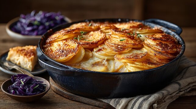 Golden potato gratin with herbs in rustic dish on wooden table with braised red cabbage