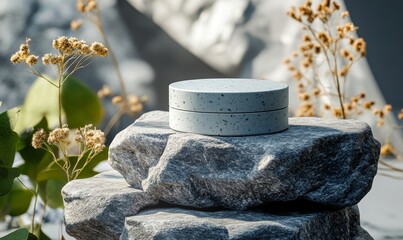 Modern skin moisturizer jar with a rock texture, emphasizing eco-friendly or recycled products. This clean design promotes sustainable skincare solutions, ideal for beauty and wellness, Generative AI