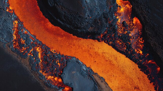 Close aerial perspective of a molten lava river contrasting with dark cooled volcanic rock. - Powered by Adobe
