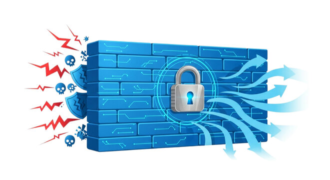 Digital Firewall Concept with Padlock Security Protecting Network from Virus and Cyber Attack