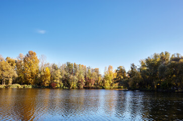 Beautiful river landscape at Autumn. The surface of the water against the background of trees and a blue sky on a sunny perfect day. The bright colors of fall