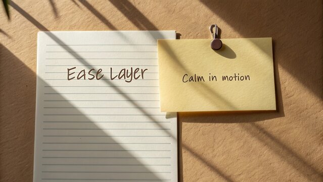 Creative workspace with note papers and sunlight showcasing calm in motion and ease layer concept for productivity and mindfulness