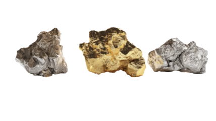 Three metallic nuggets, silver and gold, displayed on black