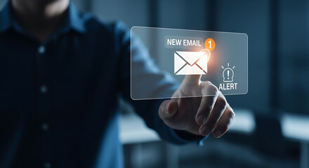 Man tapping a translucent screen with a new email notification and alert message popping up, indicating a potential issue or important information.