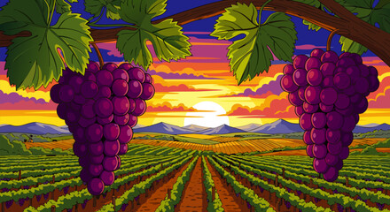 Scenic wine country landscape with rows of grapevines under a colorful sunset sky, a detailed pixel art vector illustration
