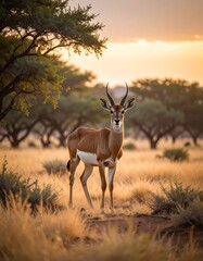 Obraz premium An alert antelope stands centered on dry savanna at dusk