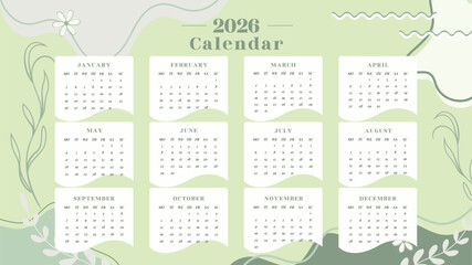 2026 calendar template with minimalist botanical illustration in green pastel tones
