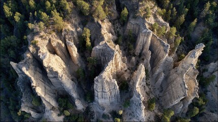 Stunning Aerial View of Eroded Rock Spires and Hoodoos in Sunlight