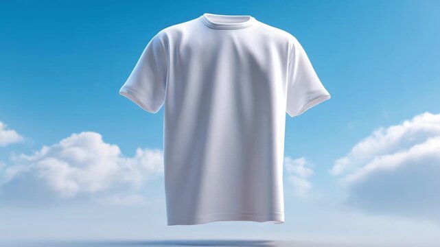 A white t shirt is suspended in mid air, surrounded by a bright blue sky and soft white clouds