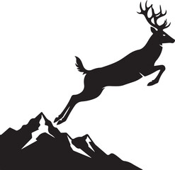 Fototapeta premium Majestic Deer Leaping over Mountain Peak Silhouette Black and White Design