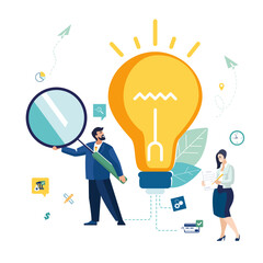 Vector illustration. Ideas are important for your business, entrepreneurship. People, Ideas are important for your business, entrepreneurship. People, businessman with magnifying glass and girl secret