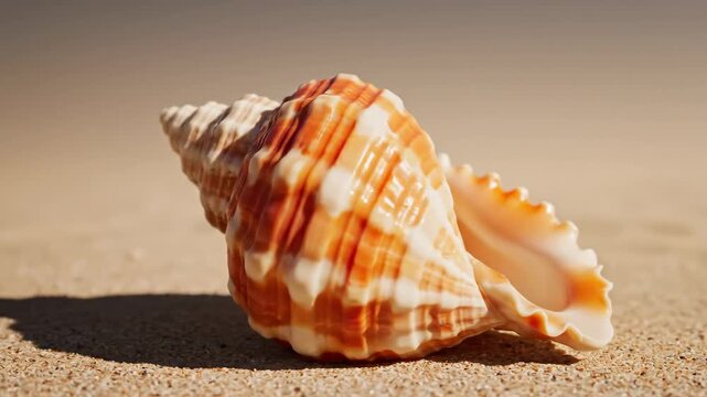 Seashell on Sandy Beach - A single seashell rests on a sandy beach, bathed in warm sunlight. The shell features orange and white stripes, with a spiral shape and a wide opening.