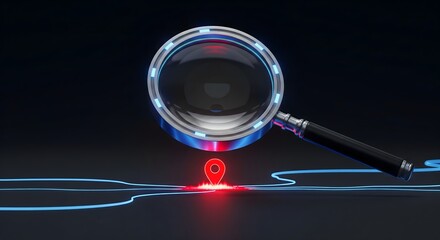 Futuristic magnifying glass searching for a glowing red map pin on a digital dark background with neon blue lines
