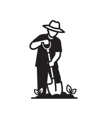 Gardener silhouette with hat, digging and planting small sprout in the soil with shovel