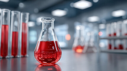 Laboratory glassware with red liquid in modern scientific setting