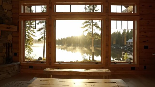 Lake View From Cabin Window - A beautiful view of a misty lake at sunrise is seen through a wooden framed cabin window.