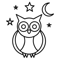 Outline owl with moon and stars above on transparent background