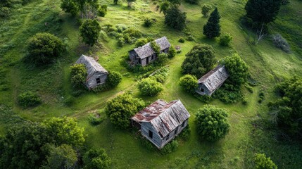 Overhead Drone View of Derelict Abandoned Farm Buildings Surrounded by Greenery