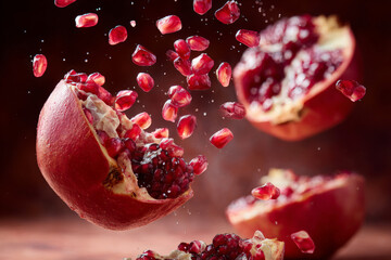 Fresh pomegranate halves and seeds falling in mid-air capture vibrancy and motion