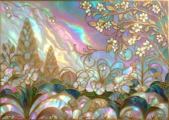 A wonderful golden pattern of a fairytale garden on an iridescent rainbow background